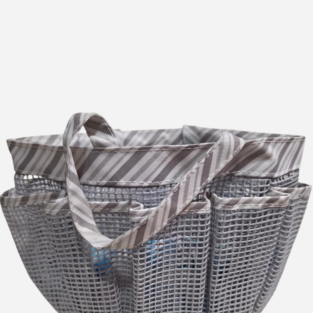 Grey striped mesh shower caddy‎ with clear bottom
